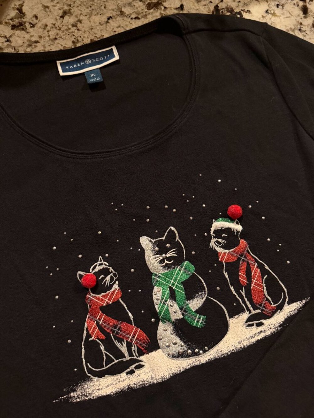 Karen Scott Shirt Womens XL Black Christmas Cat Snow Kitty Mom Long Sleeve Top